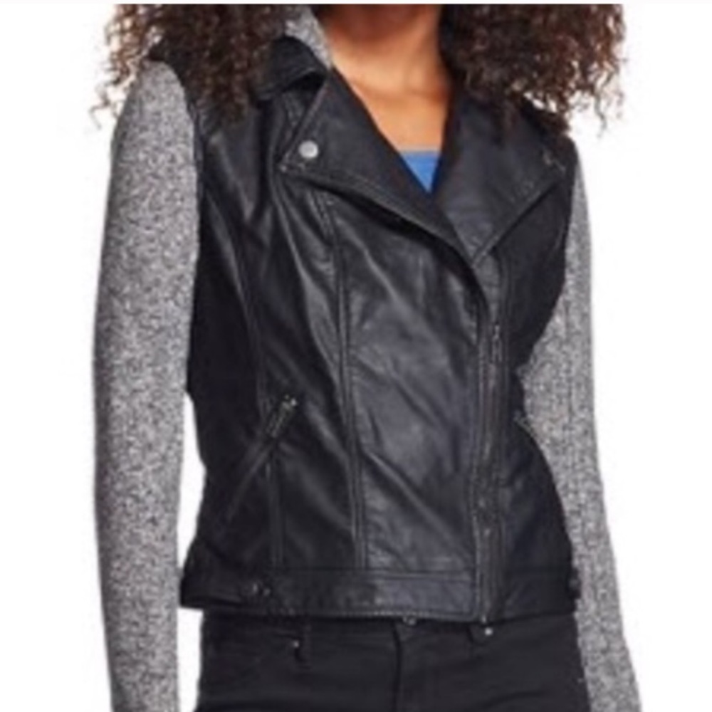 Black faux leather and grey sweater hood jacket